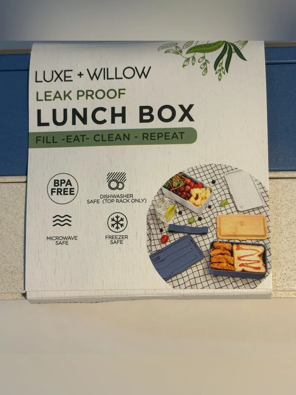 NWT Lunch Box Bento 2 Tier Leak Proof Cutlery Blue White Nesting Bamboo Lid